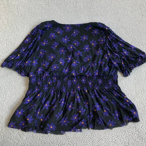 Ava & Viv Top 2X Floral V-Neck Stretch Short Sleeve Flare Blue Black Blouse - Picture 8 of 16